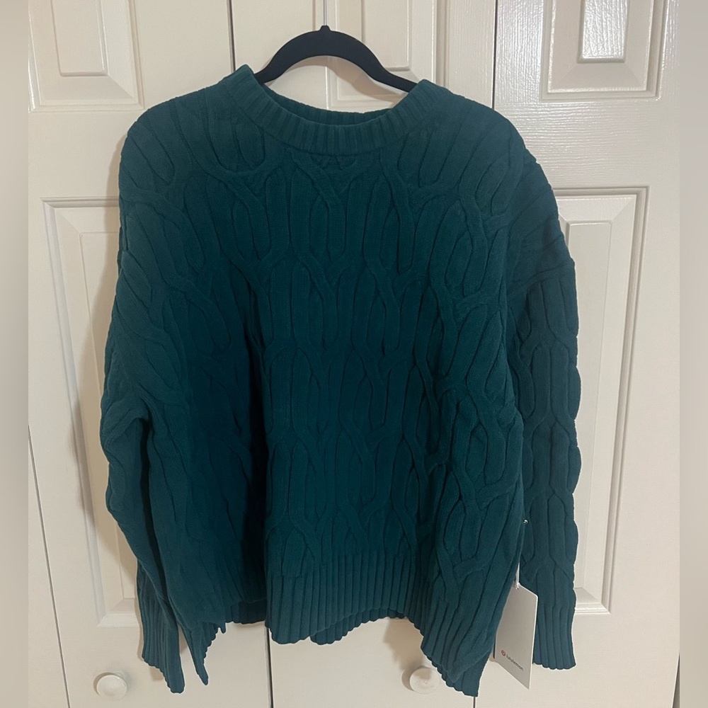 NWT Lululemon Cable Knit Oversized Crewneck Sweater, Storm Teal, size L